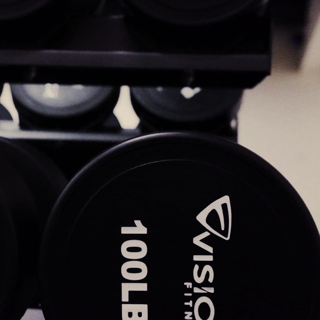 Rack of 100 lb Vision Fitness dumbbells at The Den